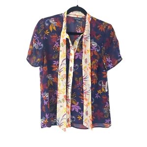 MODCLOTH Purple Tropical Sheer Blouse Size M Jungle Lemur Tie Neck Short Sleeve